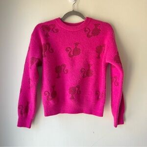 Barbie Fuzzy Pink Sweater Metallic Logo Print Girls Size L 10/12 Y2K Barbiecore